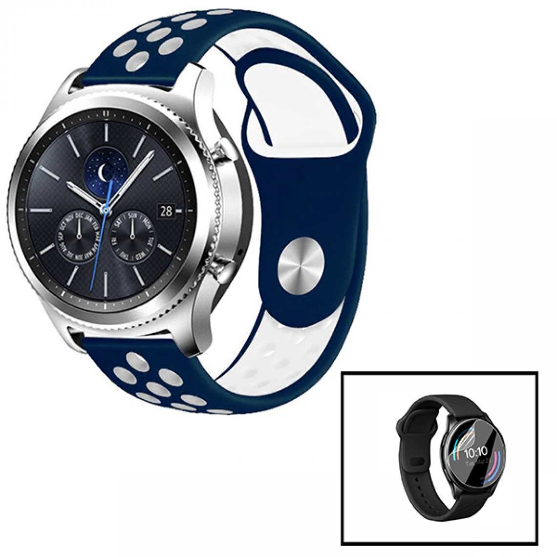 Phonecare - Kit Bracelet SportyStyle + Film de Hydrogel pour Samsung Galaxy Watch Bluetooth 42mm - Bleu foncé / Blanc - Autres accessoires smartphone