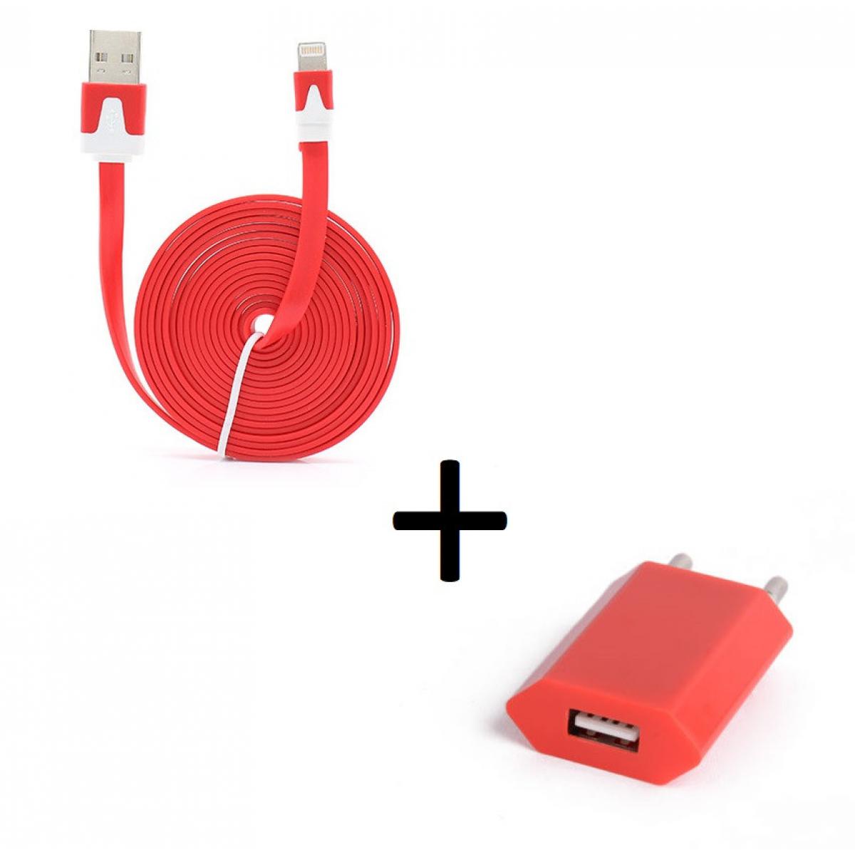 Shot - Pack Chargeur pour "IPHONE 12" Lightning (Cable Noodle 3m + Prise Secteur Couleur USB)IOS (ROUGE) - Chargeur secteur téléphone