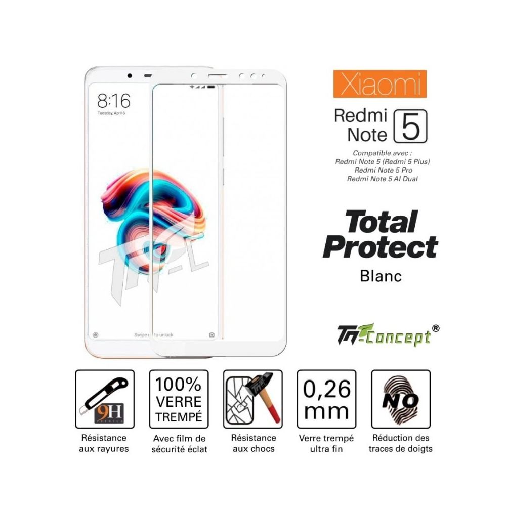 Tm Concept - Xiaomi Redmi Note 5 - Vitre de Protection - Total Protect Blanc - Protection écran smartphone