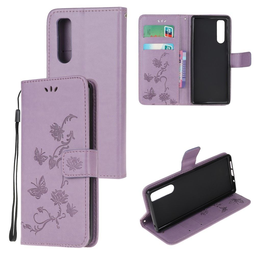 marque generique - Etui en PU fleur de papillon avec support violet clair pour votre Sony Xperia 5 - Coque, étui smartphone