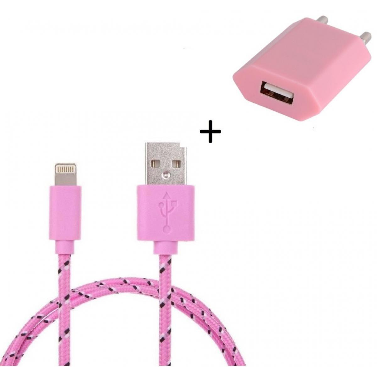 Shot - Pack Chargeur pour IPHONE 11 Pro Lightning (Cable Tresse 3m Chargeur + Prise Secteur USB) Murale (ROSE PALE) - Chargeur secteur téléphone
