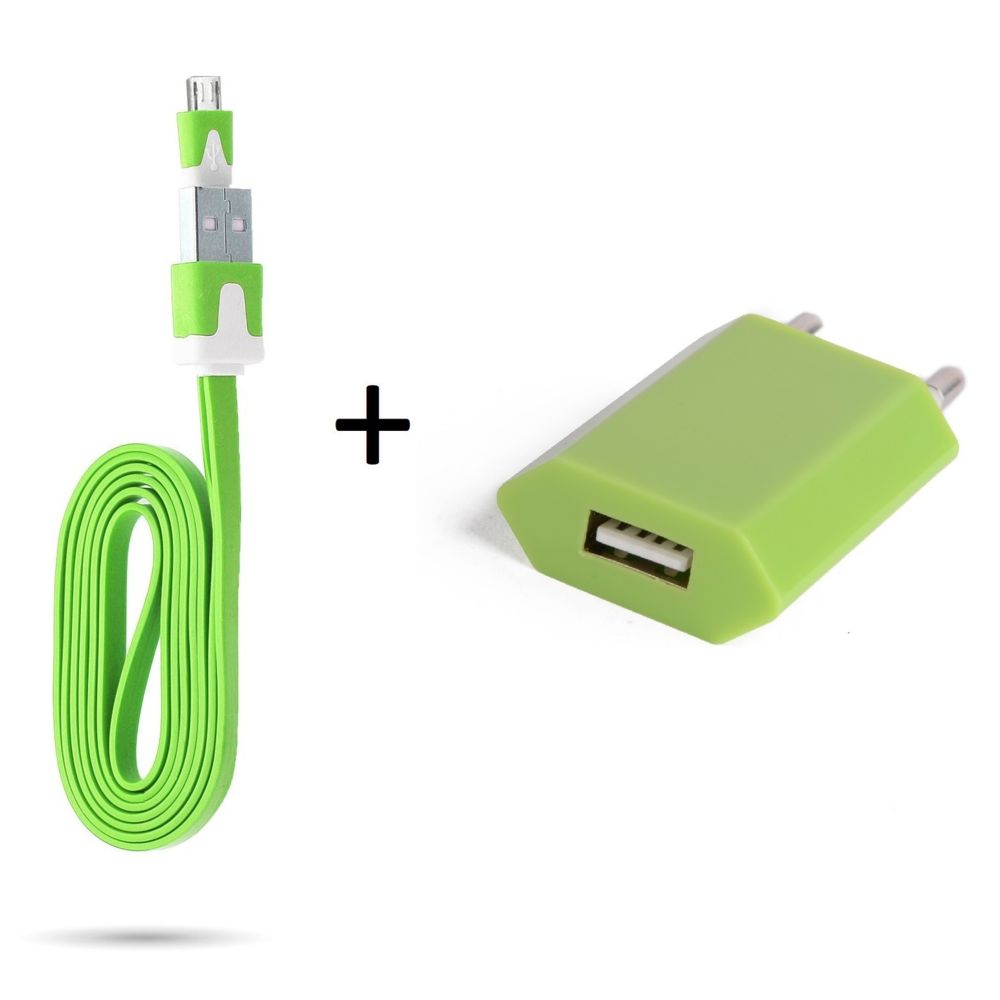 Shot - Cable Noodle 1m Chargeur + Prise Secteur pour MOTOROLA MOTO C Smartphone Micro-USB Murale Pack Universel Android (VERT) - Chargeur secteur téléphone