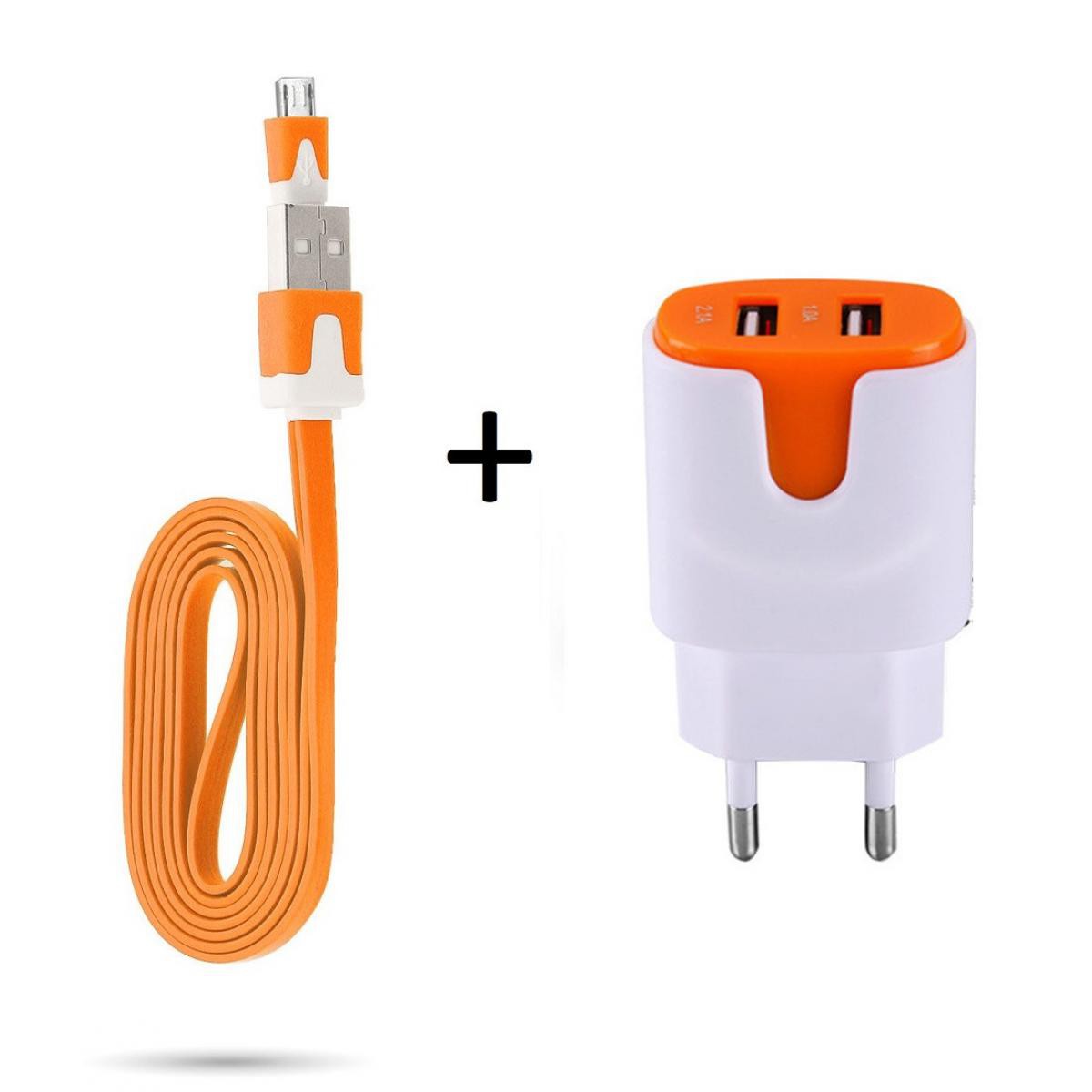 Shot - Pack Chargeur pour GIONEE F9 Smartphone Micro USB (Cable Noodle 1m Chargeur + Double Prise Secteur Couleur USB) (ORANGE) - Chargeur secteur téléphone