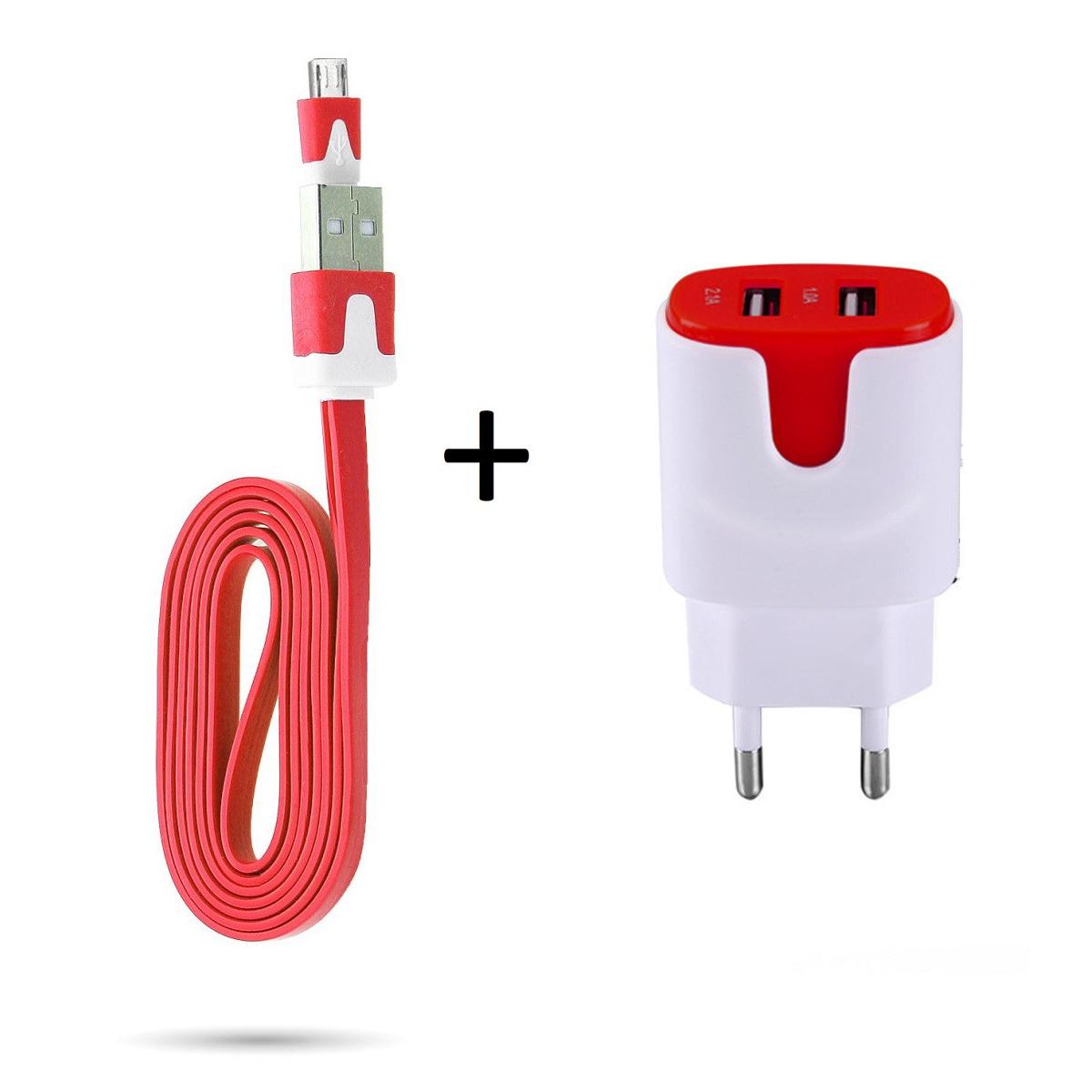 Shot - Pack Chargeur pour ALCATEL 1 2019 Smartphone Micro USB (Cable Noodle 1m Chargeur + Double Prise Secteur Couleur USB) (ROUGE) - Chargeur secteur téléphone