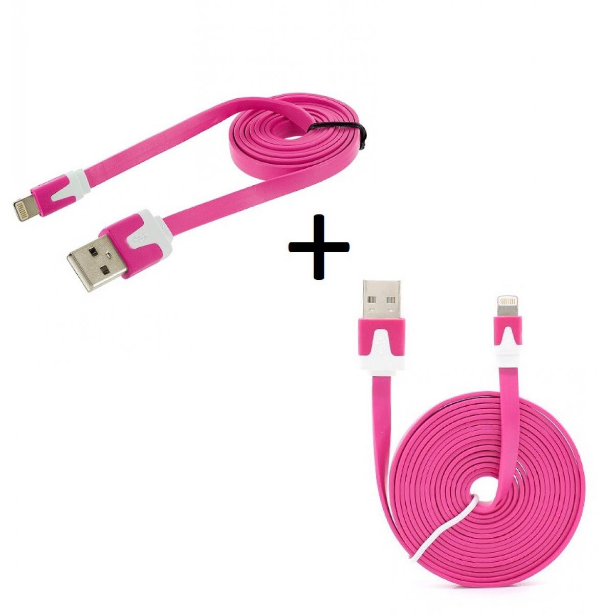 Shot - Pack Chargeur pour IPHONE SE 2020 Lightning (Cable Noodle 3m + Cable Noodle 1m) USB APPLE IOS (ROSE) - Chargeur secteur téléphone