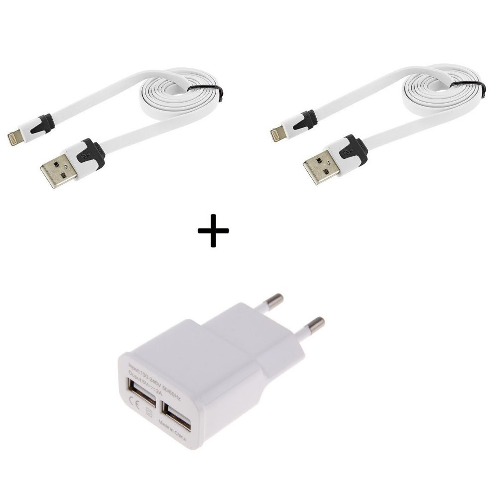 Shot - Pack Chargeur pour IPAD Mini 2 Lightning (2 Cables Chargeur Noodle + Double Prise Secteur USB) APPLE IOS (BLANC) - Chargeur secteur téléphone