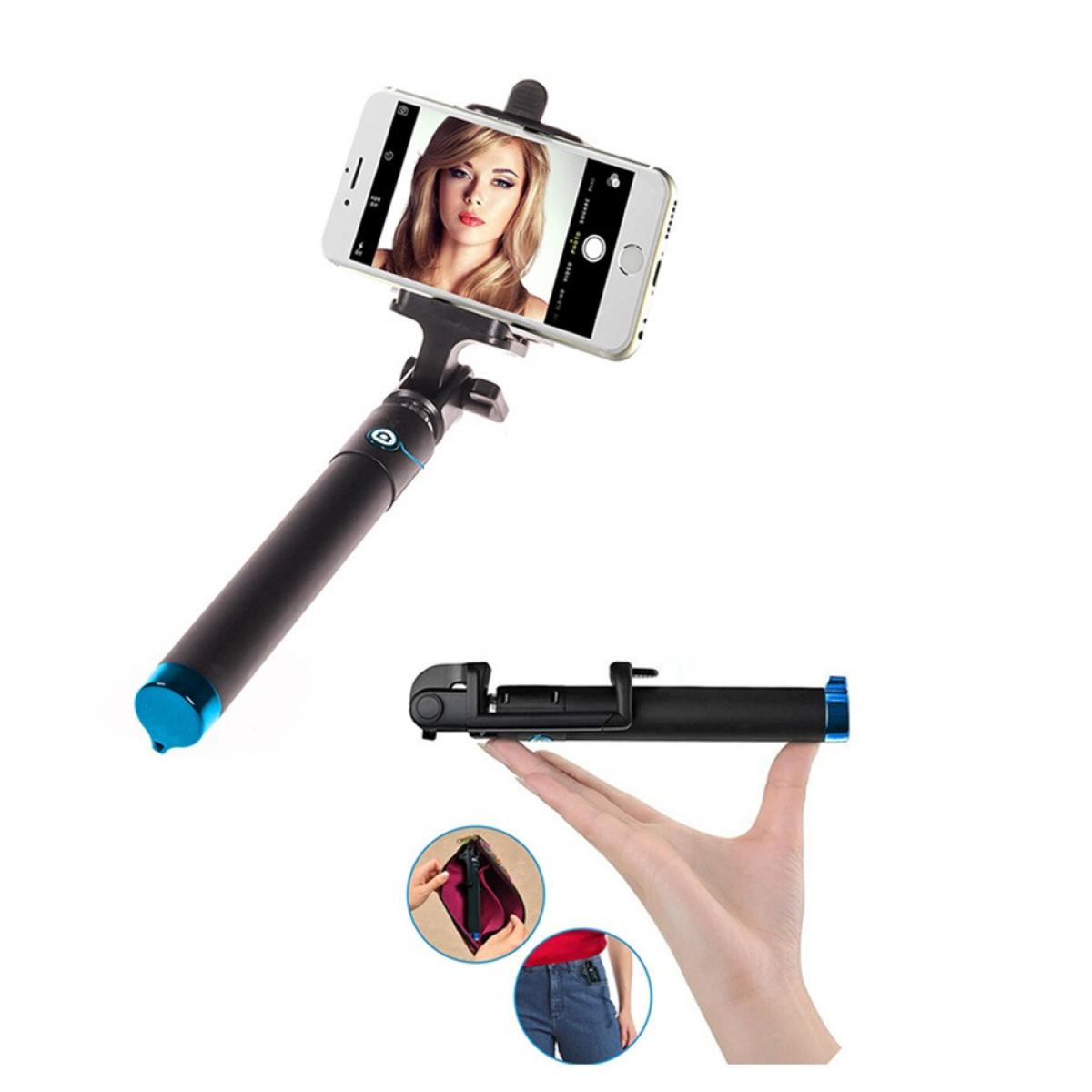 Shot - Perche Selfie Metal pour "WIKO View 5" Smartphone avec Cable Jack Selfie Stick Android IOS Reglable Bouton Photo (BLEU) - Autres accessoires smartphone