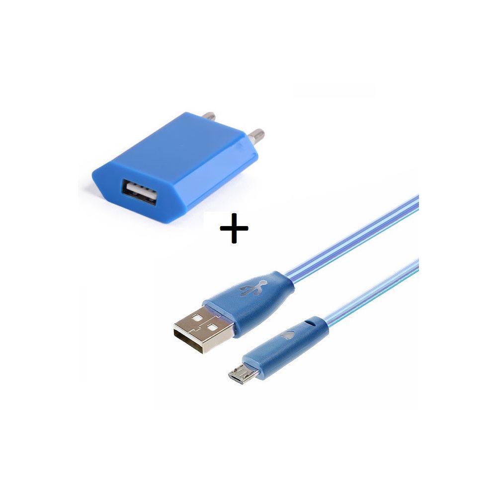 marque generique - Pack Chargeur pour WIKO Sunset 2 Smartphone Micro USB (Cable Smiley LED + Prise Secteur USB) Android Connecteur (BLEU) - Chargeur secteur téléphone