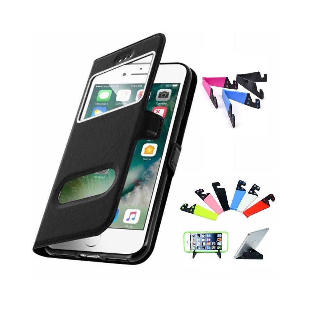 marque generique - Housse Etui Double Fenetre Noir Iphone 4 4S - Support Offert - Coque, étui smartphone
