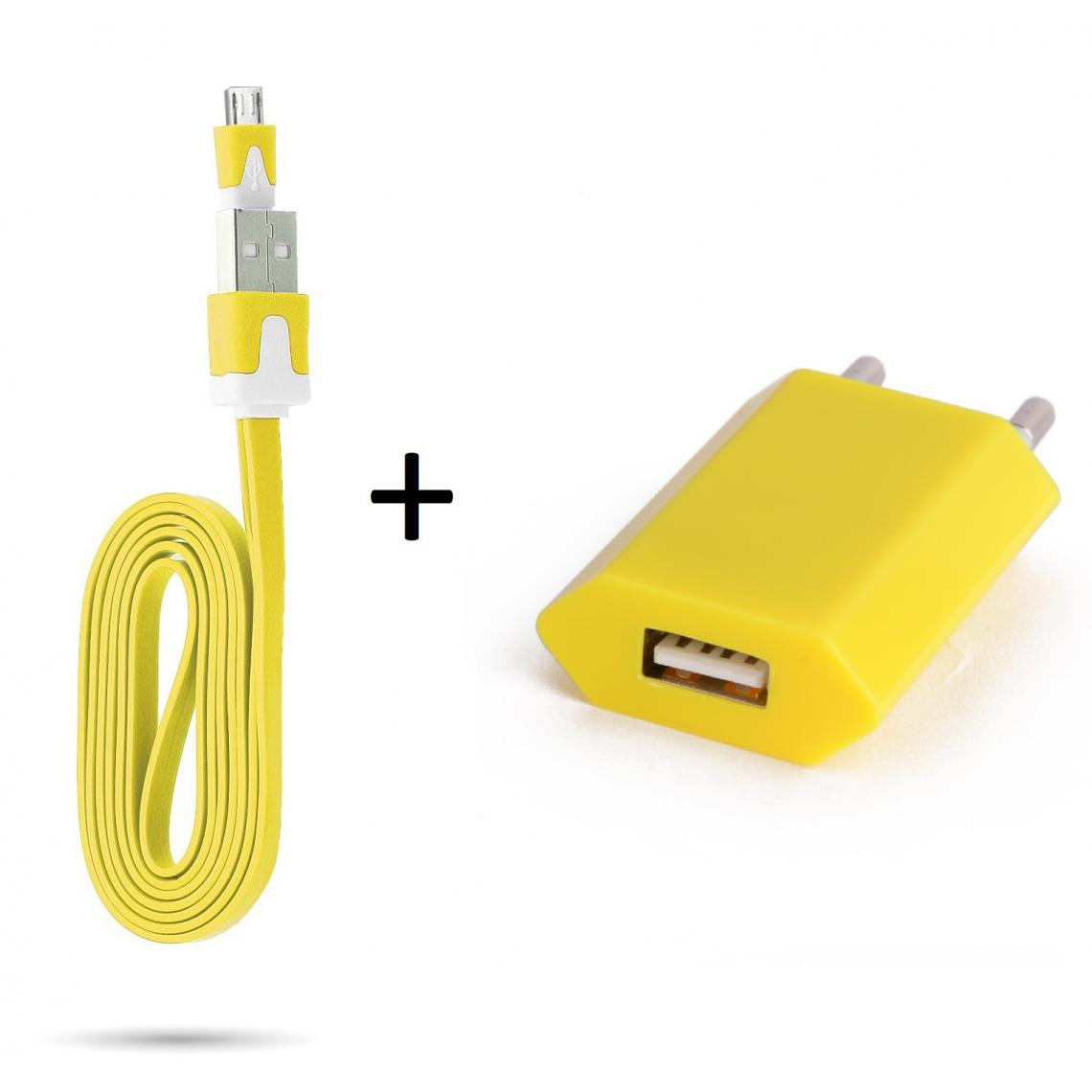 Shot - Cable Noodle 1m Chargeur + Prise Secteur pour "WIKO Y81" Smartphone Micro USB Murale Pack Android (JAUNE) - Chargeur secteur téléphone