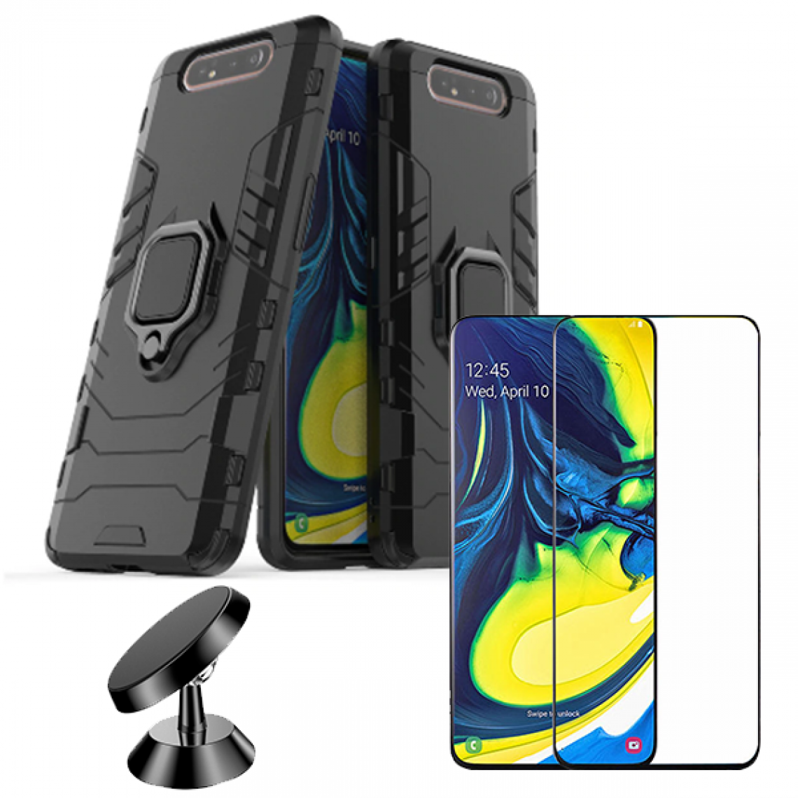 Phonecare - Kit de Verre Trempé 5D Full Cover + Coque 3X1 Military Defender + Support Magnétique de Voiture - Samsung A80 - Coque, étui smartphone