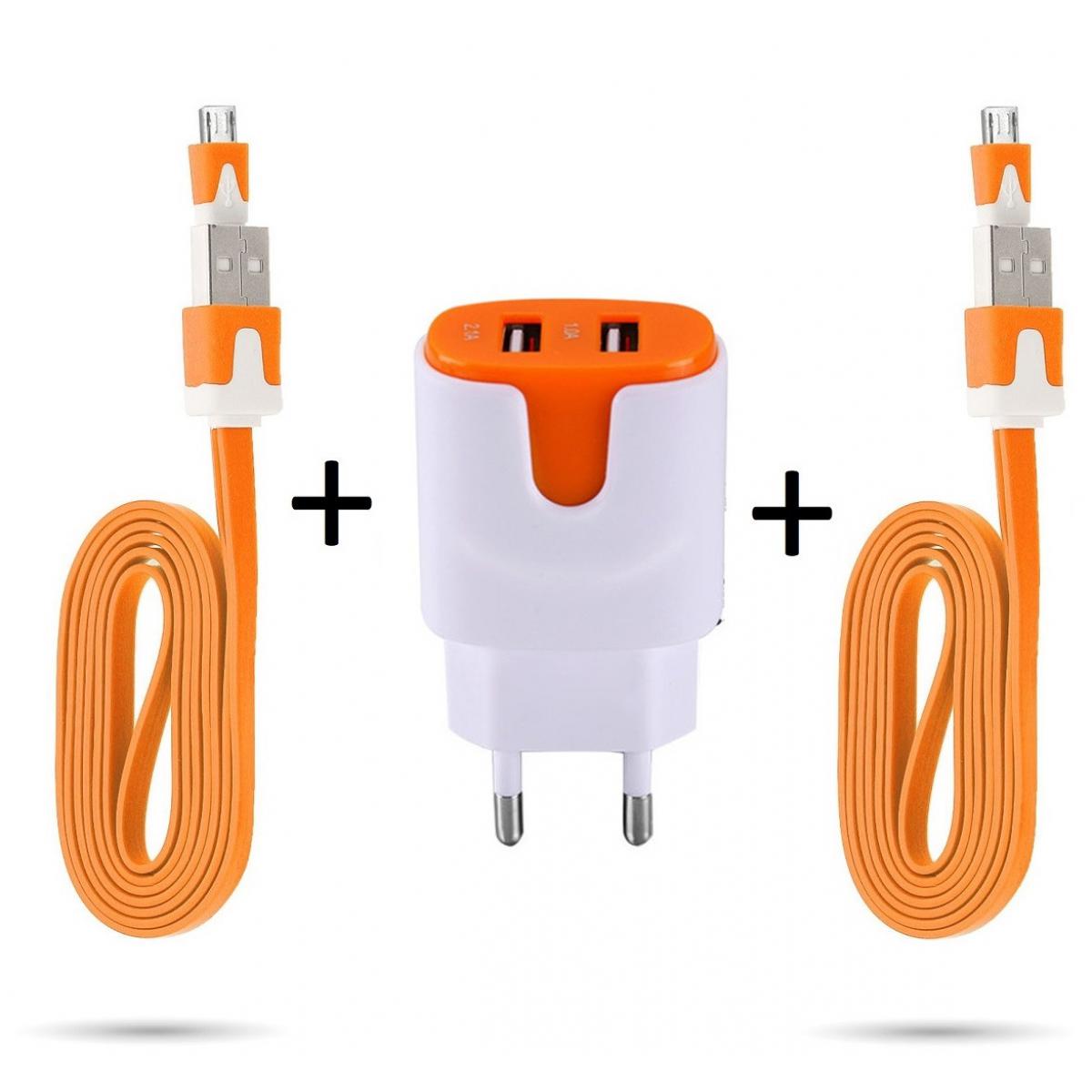 Shot - Pack pour HUAWEI P30 lite Micro USB (2 Cables Chargeur Noodle + Double Prise Couleur Secteur) Android (ORANGE) - Chargeur secteur téléphone