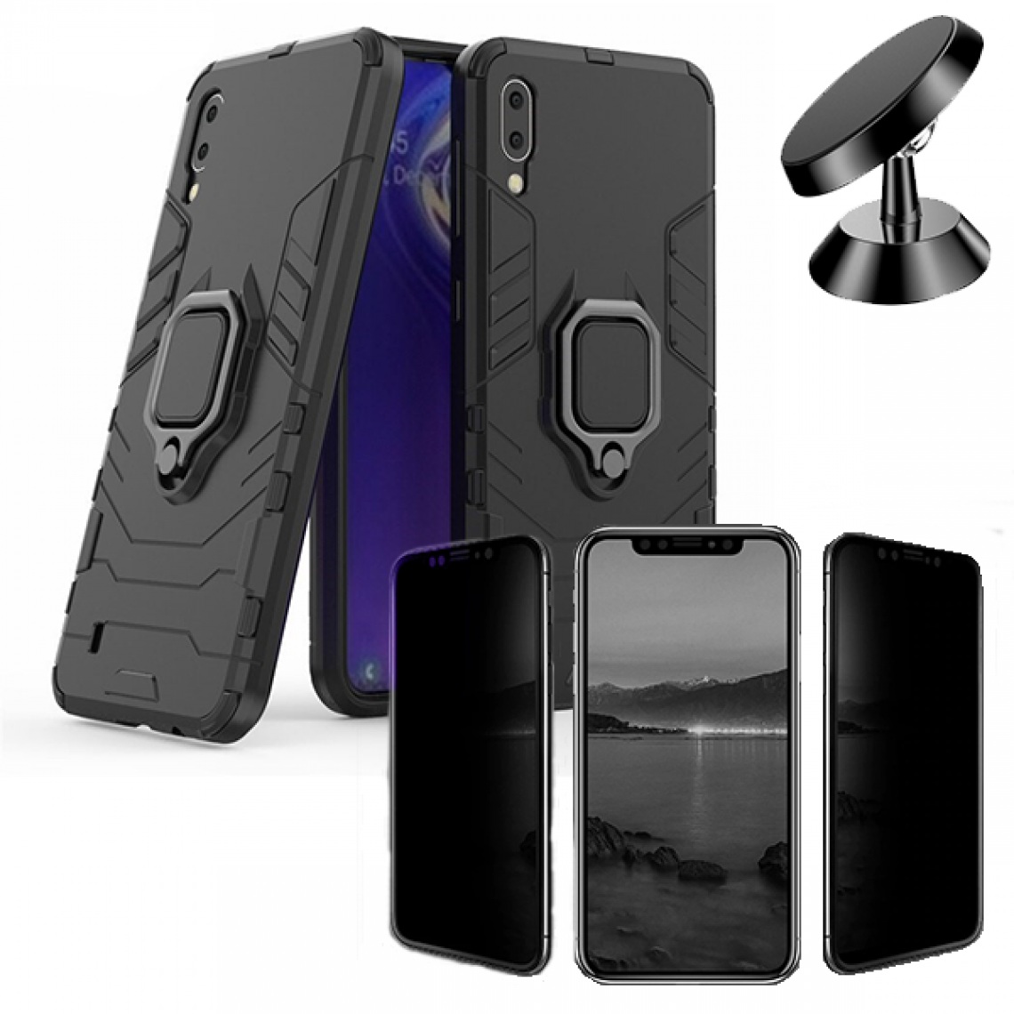 Phonecare - Kit de Verre Trempé 5D Anti-Spy / Intimité + Coque 3X1 Military Defender + Support Magnétique de Voiture - Samsung M30 - Coque, étui smartphone