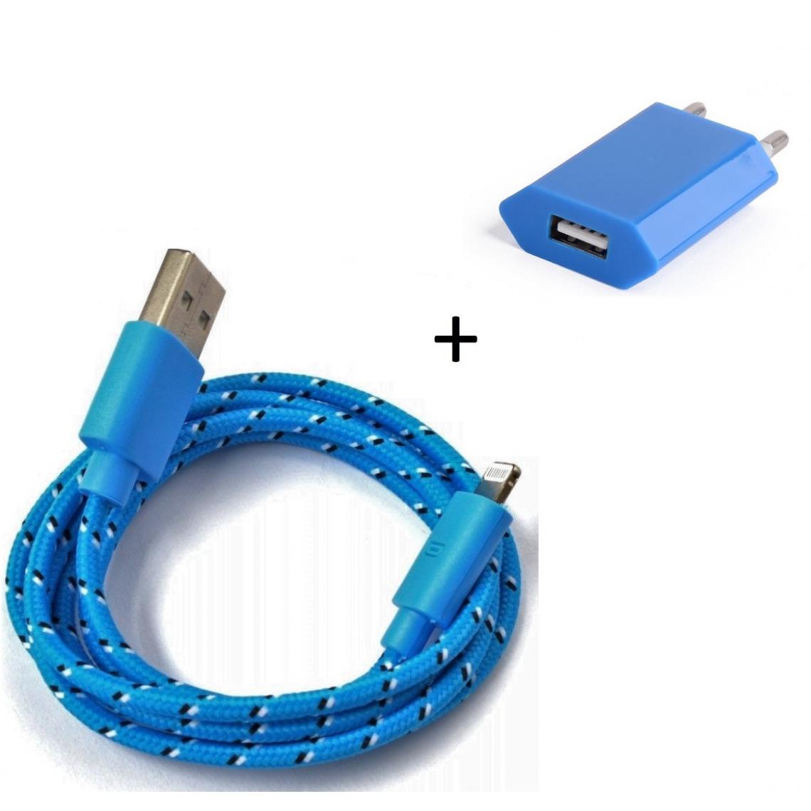 Shot - Pack Chargeur pour "IPHONE 12 Mini" Lightning (Cable Tresse 3m Chargeur + Prise Secteur USB) Murale (BLEU) - Chargeur secteur téléphone