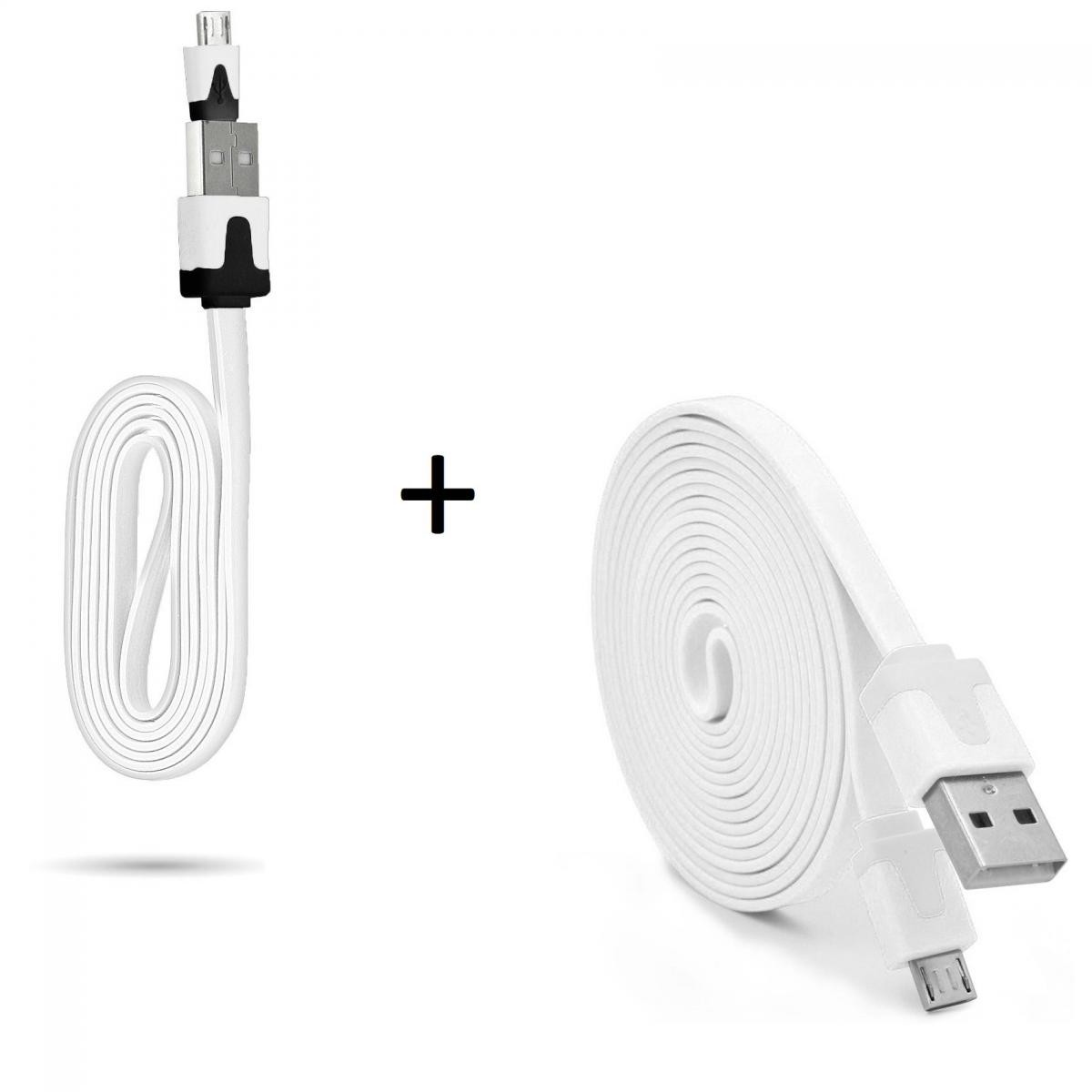 Shot - Pack Chargeur pour ALCATEL 5V Smartphone Micro USB (Cable Noodle 3m + Cable Noodle 1m) Android (BLANC) - Chargeur secteur téléphone