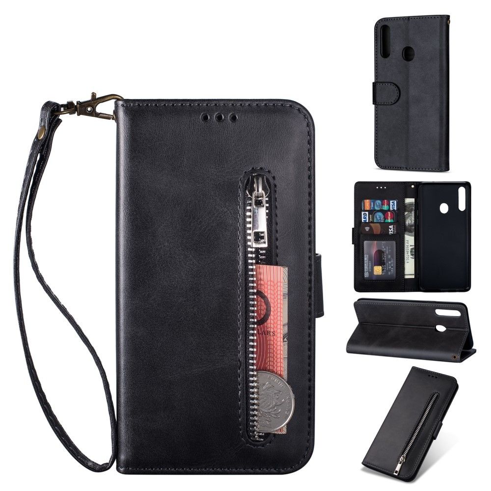 marque generique - Etui en PU + TPU poche zippée avec support noir pour votre Samsung Galaxy A20s - Coque, étui smartphone