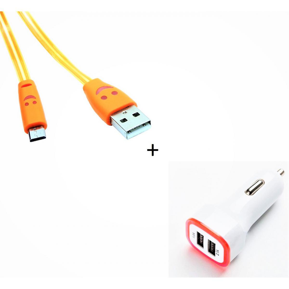 Shot - Pack Chargeur Voiture pour GIONEE F9 PLUS Smartphone Micro USB (Cable Smiley + Double Adaptateur LED Allume Cigare) (ORANGE) - Chargeur Voiture 12V