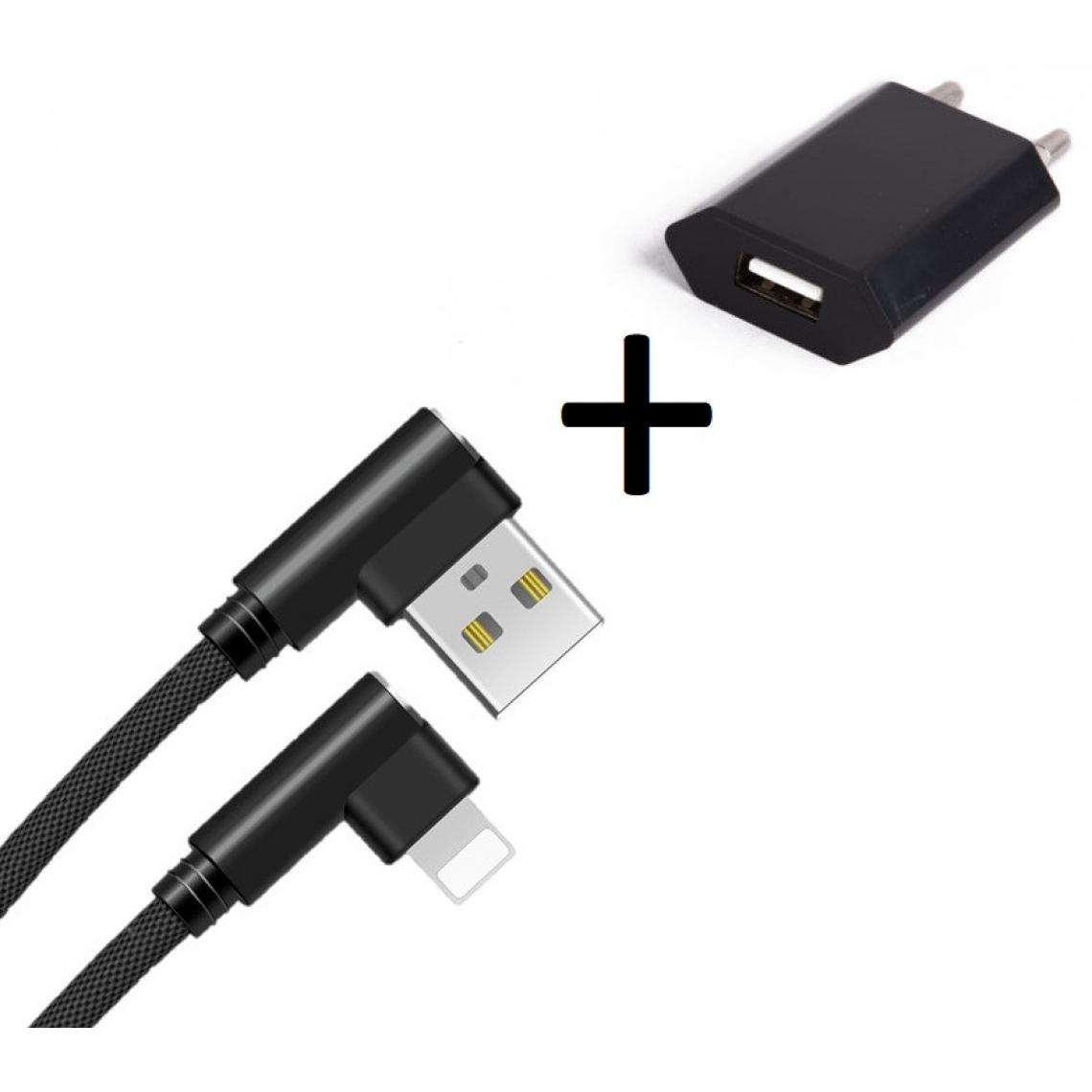 Shot - Pack pour "IPHONE 12" Lightning (Cable 90 degres Fast Charge + Prise Secteur Couleur) (NOIR) - Chargeur secteur téléphone
