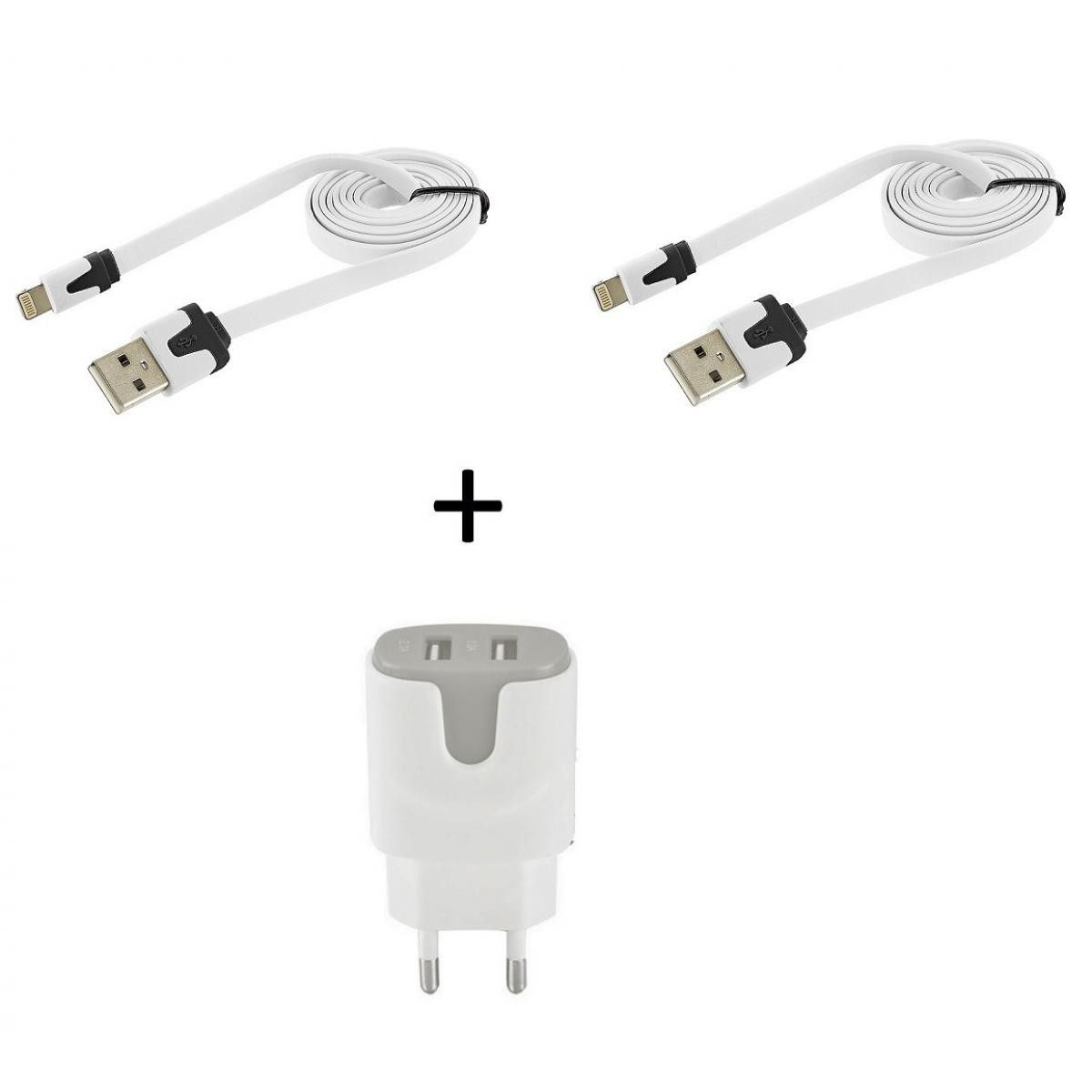 Shot - Pack pour IPHONE 11 Lightning (2 Cables Chargeur Noodle + Double Prise Couleur Secteur) APPLE IOS (GRIS) - Chargeur secteur téléphone
