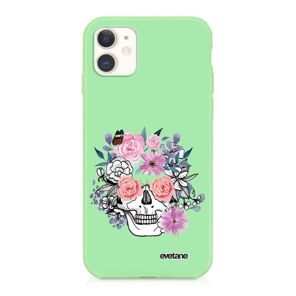 Evetane - Coque iPhone 11 Silicone Liquide Douce vert pâle Crâne floral Ecriture Tendance et Design Evetane - Coque, étui smartphone