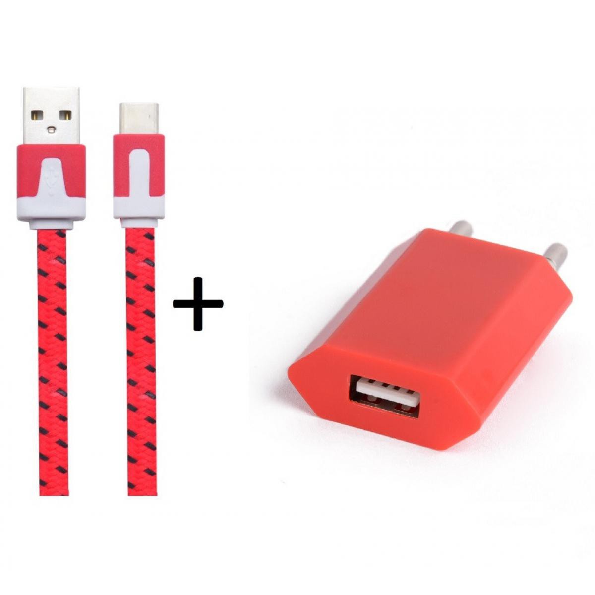 Shot - Pack Chargeur pour HUAWEI Mate 20 Smartphone Type C (Cable Noodle 1m Chargeur + Prise Secteur USB) Murale Android (ROUGE) - Chargeur secteur téléphone