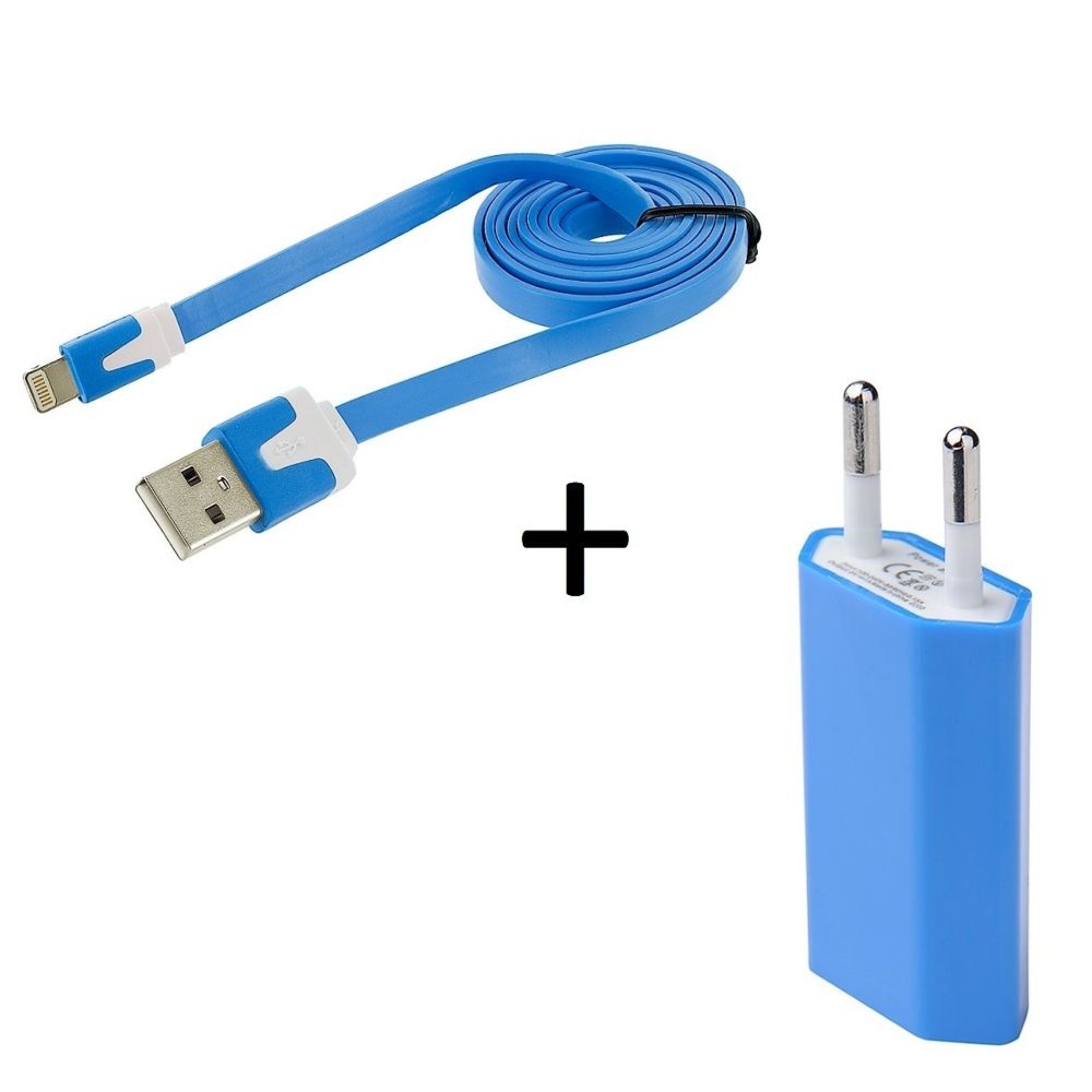 Shot - Cable Noodle 1m Chargeur + Prise Secteur pour IPOD Nano APPLE USB Lightning Murale Pack (BLEU) - Chargeur secteur téléphone