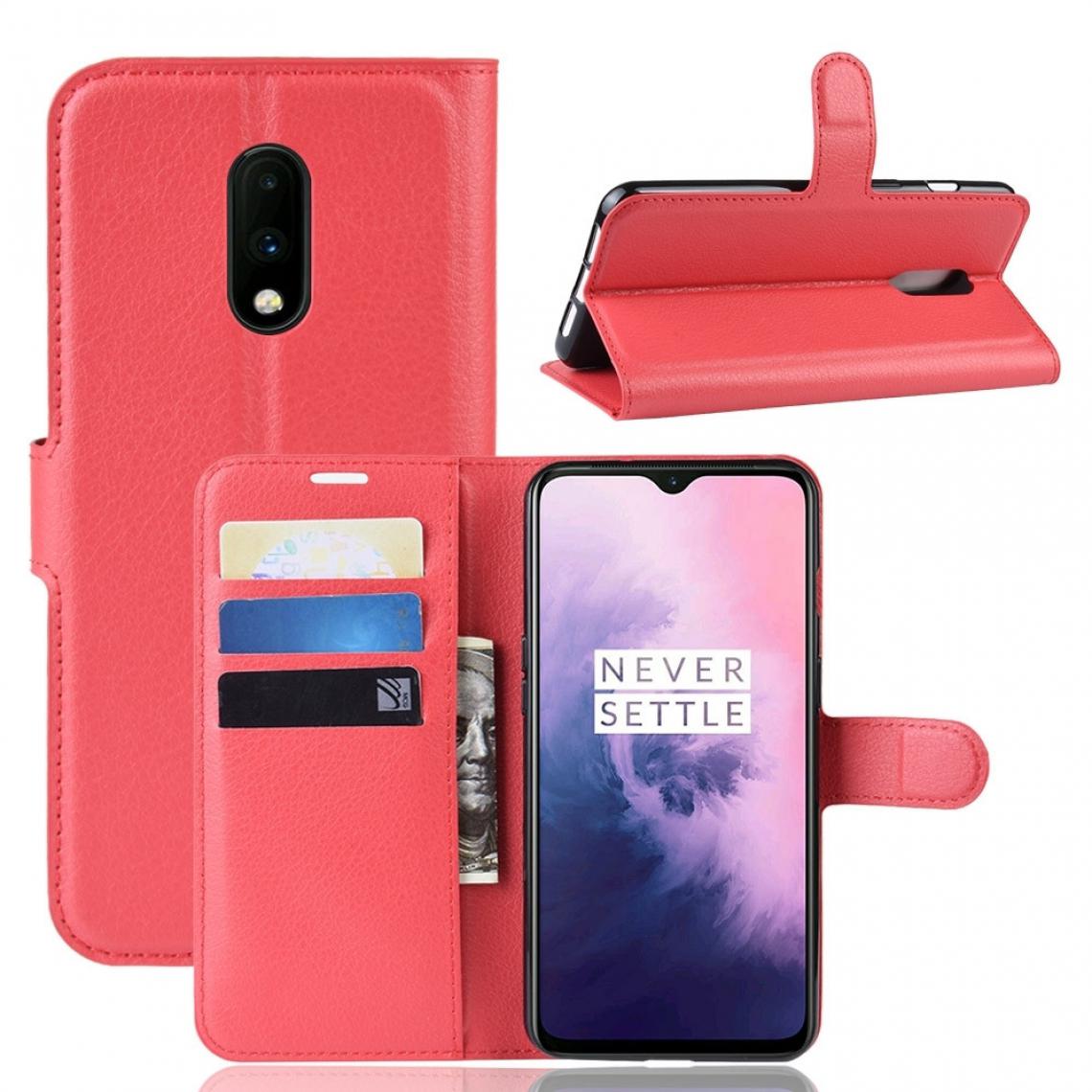 Wewoo - Housse Coque Étui en cuir à rabat horizontal Texture Litchi pour OnePlus 7avec porte-cartes et portefeuille Rouge - Coque, étui smartphone