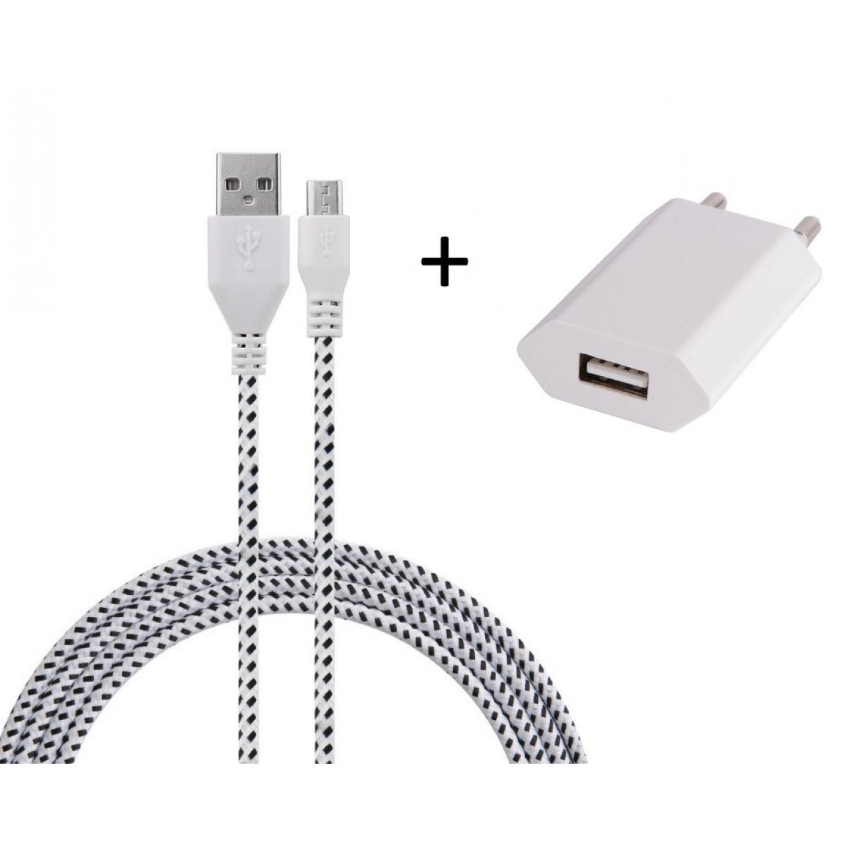 Shot - Pack Chargeur pour ALCATEL 5V Smartphone Micro USB (Cable Tresse 3m Chargeur + Prise Secteur USB) Murale Android (BLANC) - Chargeur secteur téléphone