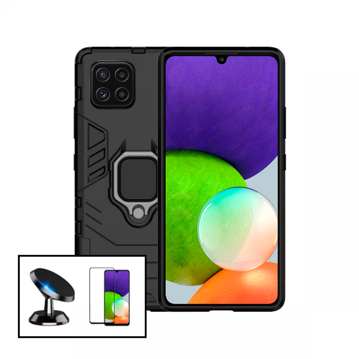 Phonecare - Kit Film de Verre Trempé 5D à Couverture Complète + Coque 3X1 Military Defender + Support Magnétique de Voiture pour Samsung Galaxy F22 - Coque, étui smartphone