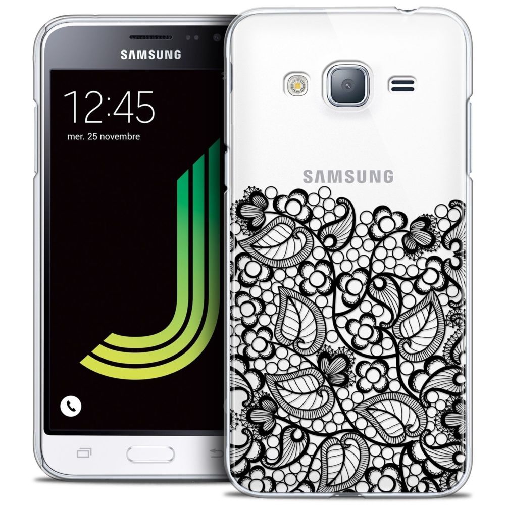 Caseink - Coque Housse Etui Samsung Galaxy J3 2016 (J320) [Crystal HD Collection Spring Design Bas dentelle Noir - Rigide - Ultra Fin - Imprimé en France] - Coque, étui smartphone