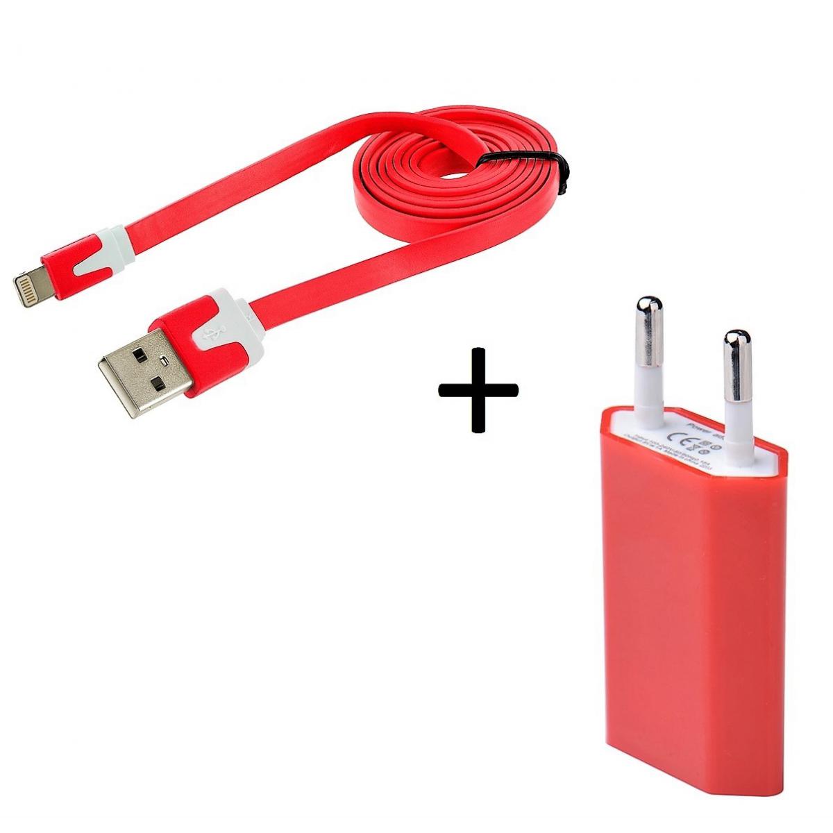 Shot - Cable Noodle 1m Chargeur + Prise Secteur pour IPHONE 11 Pro Max APPLE USB Lightning Murale Pack (ROUGE) - Chargeur secteur téléphone