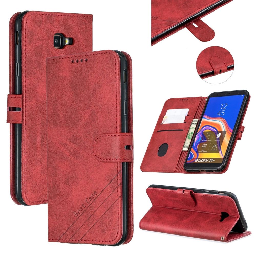 Wewoo - Housse Étui Coque Pour Galaxy J4 Plus Couleur assortie Texture givrée Flip horizontal en cuir PU avec support et fentes cartes et lanière rouge - Coque, étui smartphone
