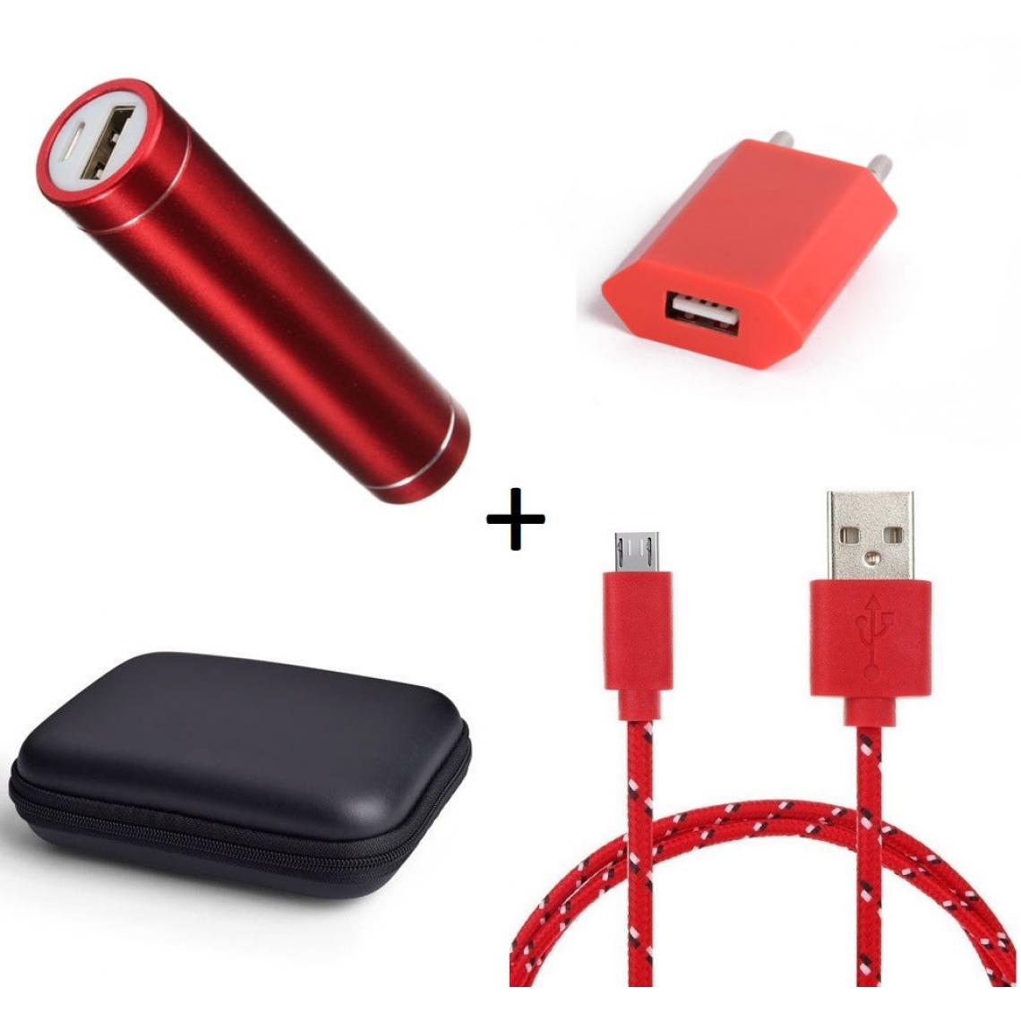 Shot - Pack pour WIKO View 3 Lite (Cable Chargeur Micro USB Tresse 3m + Pochette + Batterie + Prise Secteur) Android (ROUGE) - Chargeur secteur téléphone