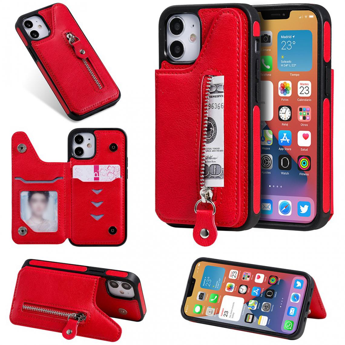 Other - Coque en TPU + PU nouveau style avec pochette à fermeture éclair, béquille et porte-cartes rouge pour votre Apple iPhone 12 mini - Coque, étui smartphone