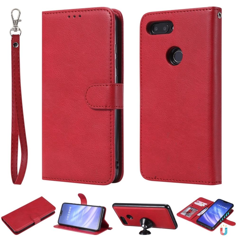 Wewoo - Housse Coque Pour Xiaomi Mi 8 Lite Étui de protection à rabat horizontal de couleur unie avec support et fentes cartes et portefeuille et cadre photo et lanière rouge - Coque, étui smartphone