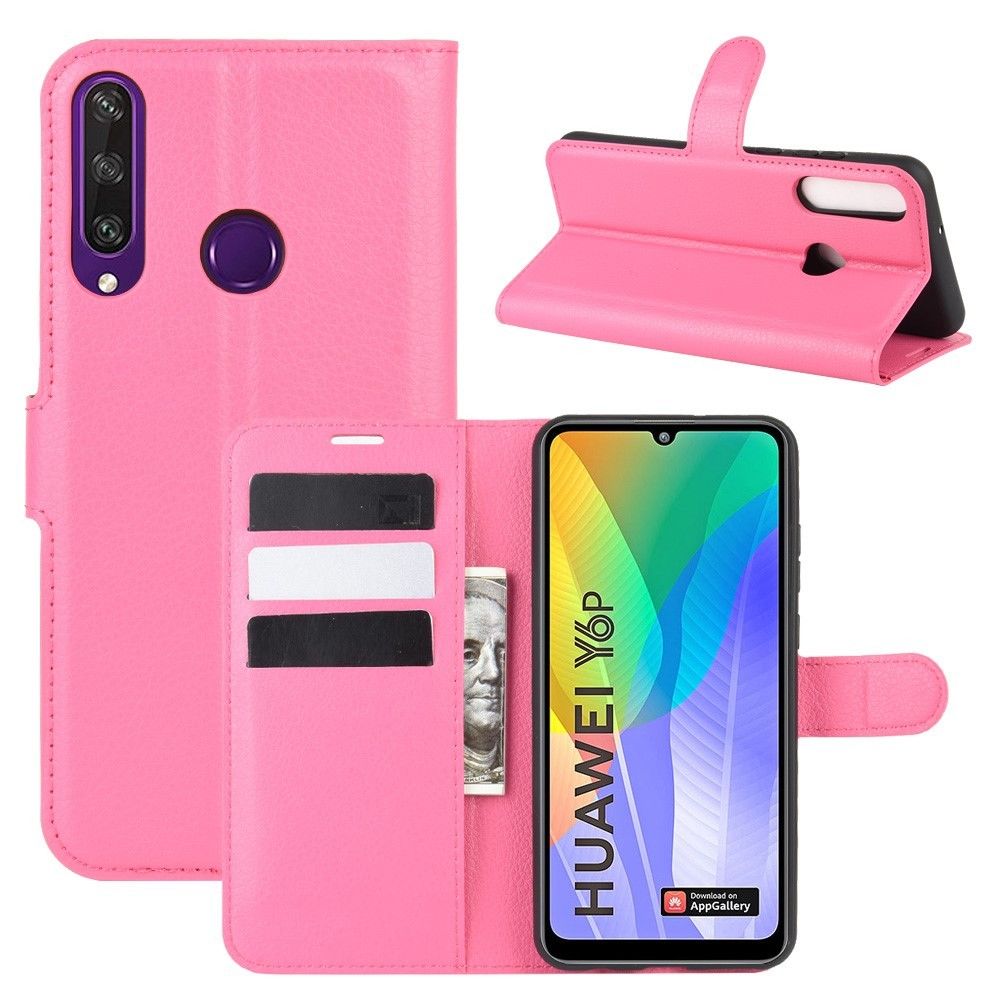 Generic - Etui en PU peau de litchi avec support rose pour votre Huawei Y6p - Coque, étui smartphone