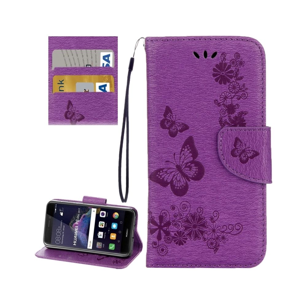 Wewoo - Housse Étui Violet pour Huawei P8 Lite 2017 Papillons Gaufrage en cuir flip horizontale avec support & Slots de cartes Portefeuille & Longe - Coque, étui smartphone