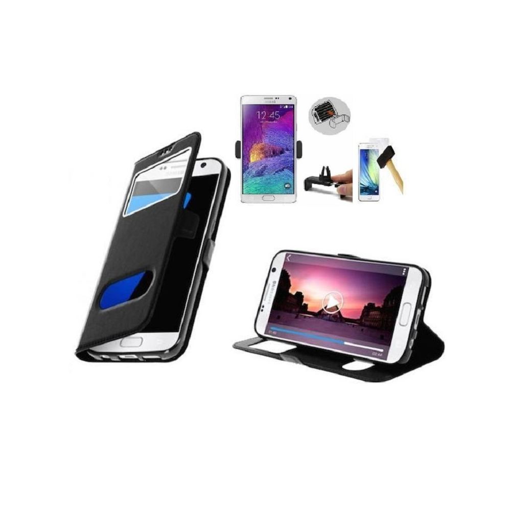 marque generique - Etui fenetre Noir film verre trempé et support voiture Samsung Galaxy J7 2017 - Coque, étui smartphone