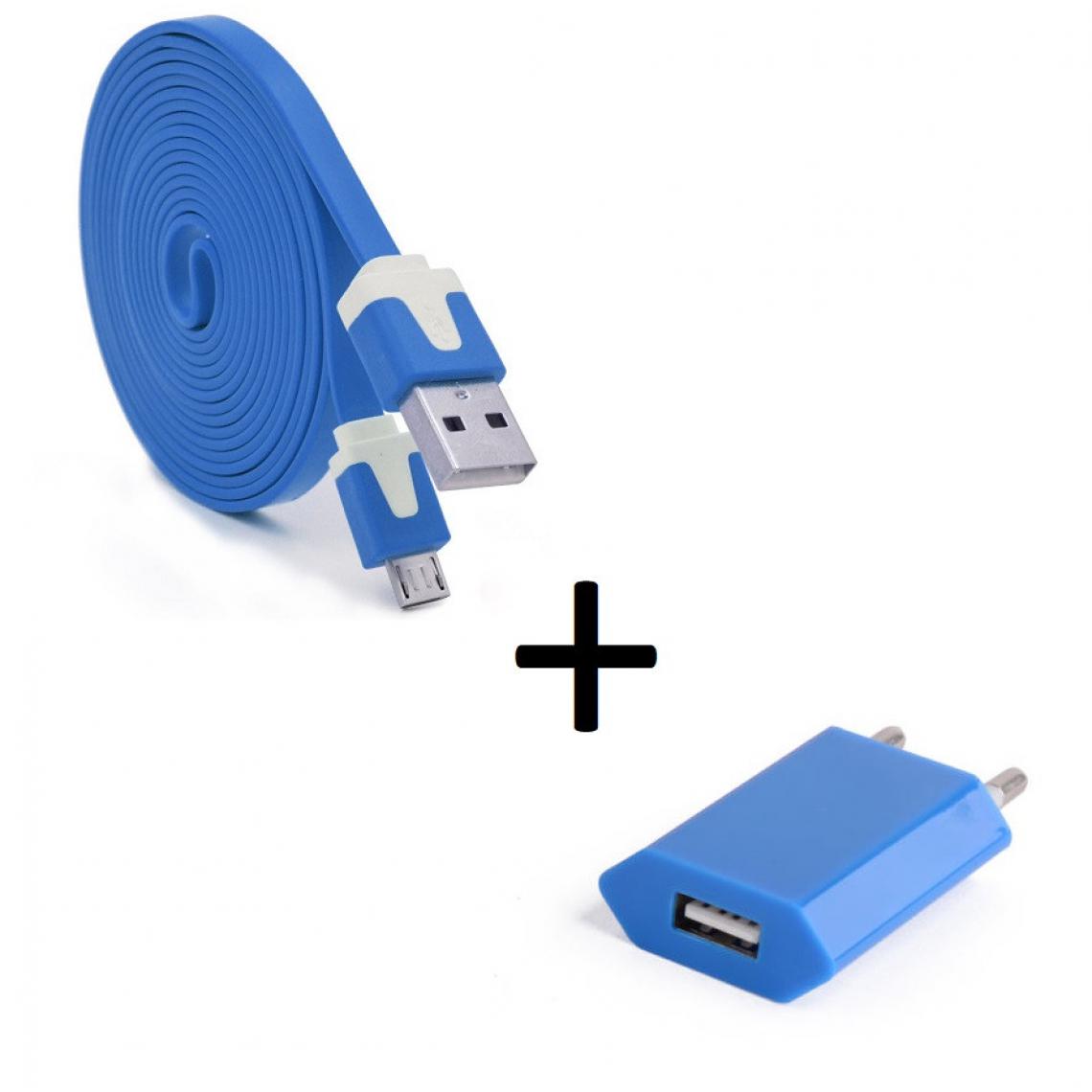 Shot - Pack Chargeur pour MOTOROLA moto e6 PLUS Micro USB (Cable Noodle 3m + Prise Secteur Couleur USB) Android (BLEU) - Chargeur secteur téléphone