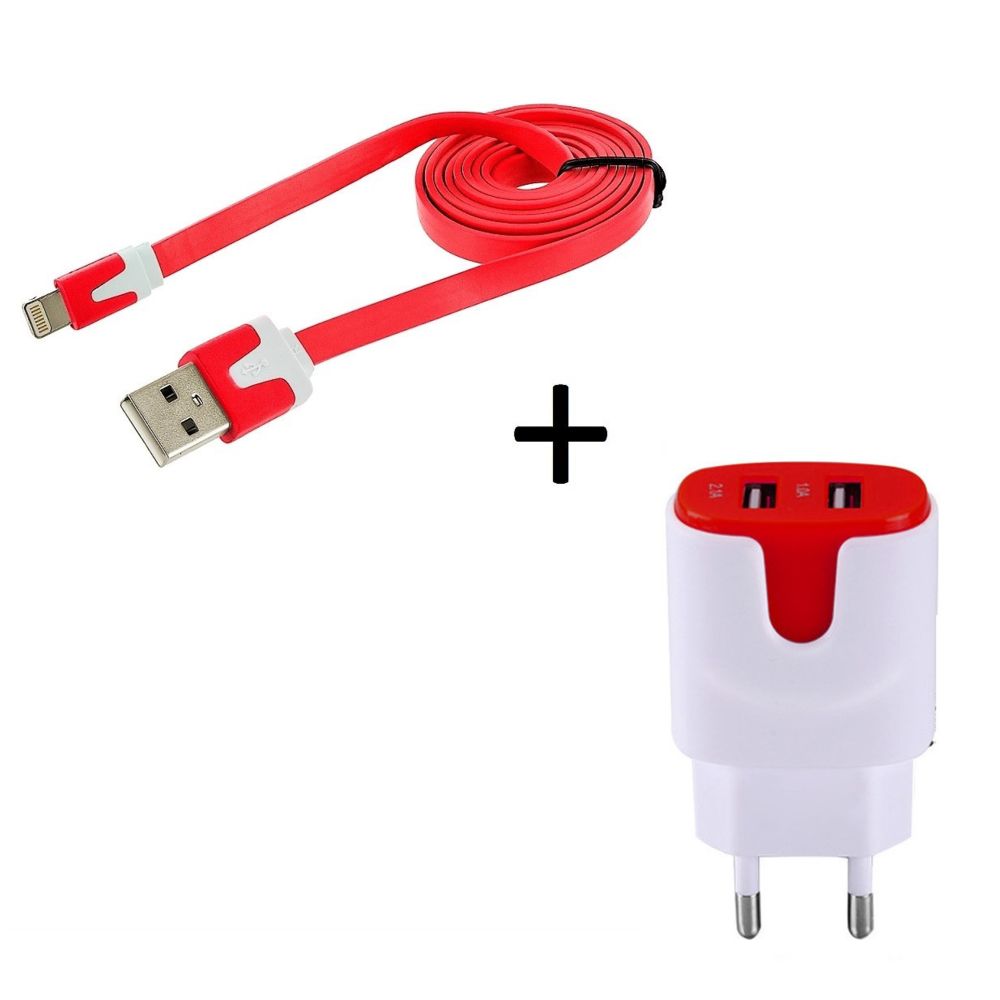 marque generique - Pack Chargeur pour IPHONE 8 PLUS Smartphone Micro-USB (Cable Noodle 1m Chargeur + Double Prise Secteur Couleur USB) Android (ROUGE) - Chargeur secteur téléphone