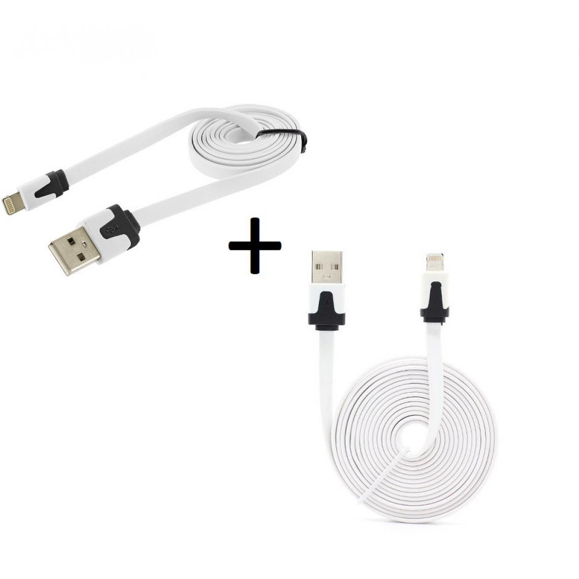 Shot - Pack Chargeur pour IPHONE 11 Lightning (Cable Noodle 3m + Cable Noodle 1m) USB APPLE IOS (BLANC) - Chargeur secteur téléphone