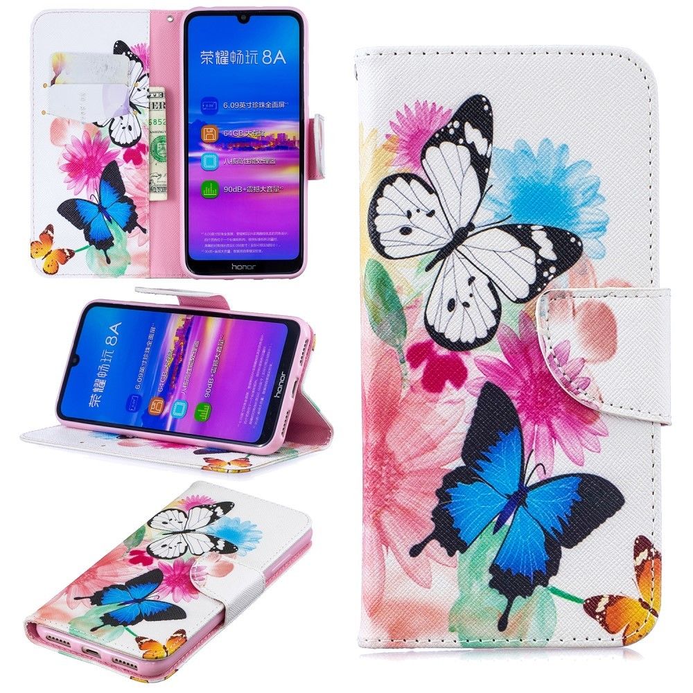 marque generique - Etui en PU feuille de papier pour l'impression motifs papillons et fleurs pour votre Huawei Honor 8A - Coque, étui smartphone