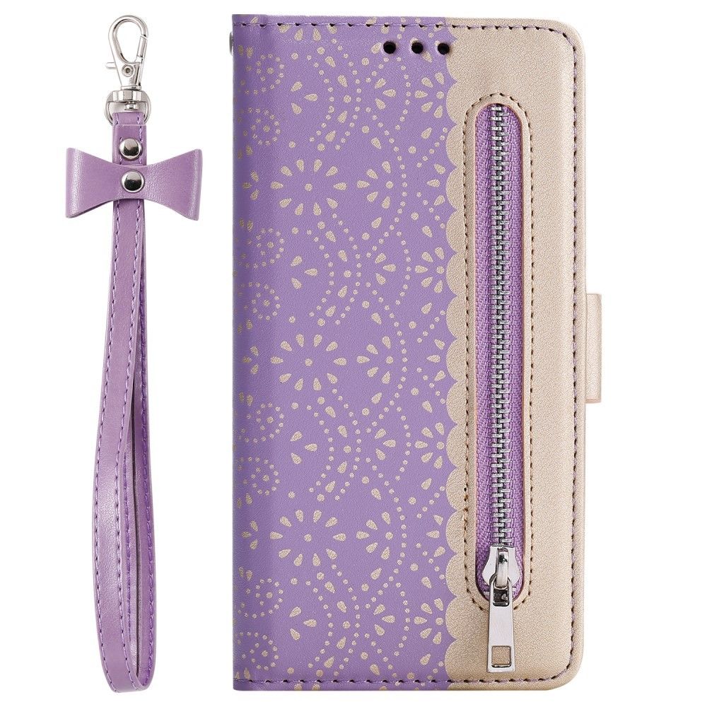 marque generique - Etui en PU Pochette zippée à motif de fleurs en dentelle avec cordon violet pour votre Samsung Galaxy S10 - Coque, étui smartphone