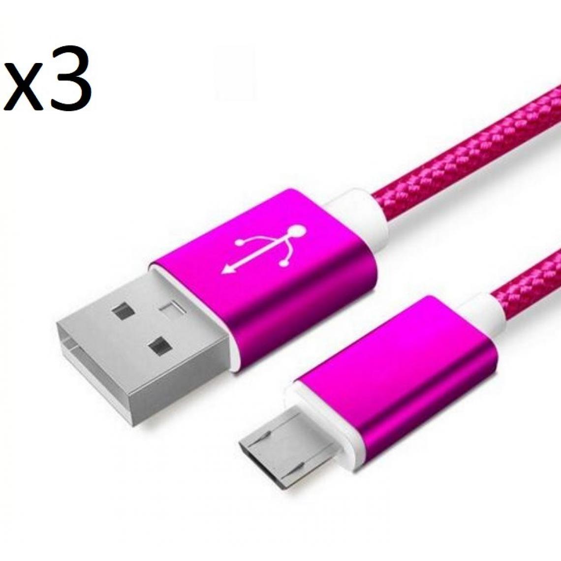Shot - Pack de 3 Cables Metal Nylon Micro USB pour Manette Playstation 4 PS4 Smartphone Android Chargeur (ROSE BONBON) - Chargeur secteur téléphone
