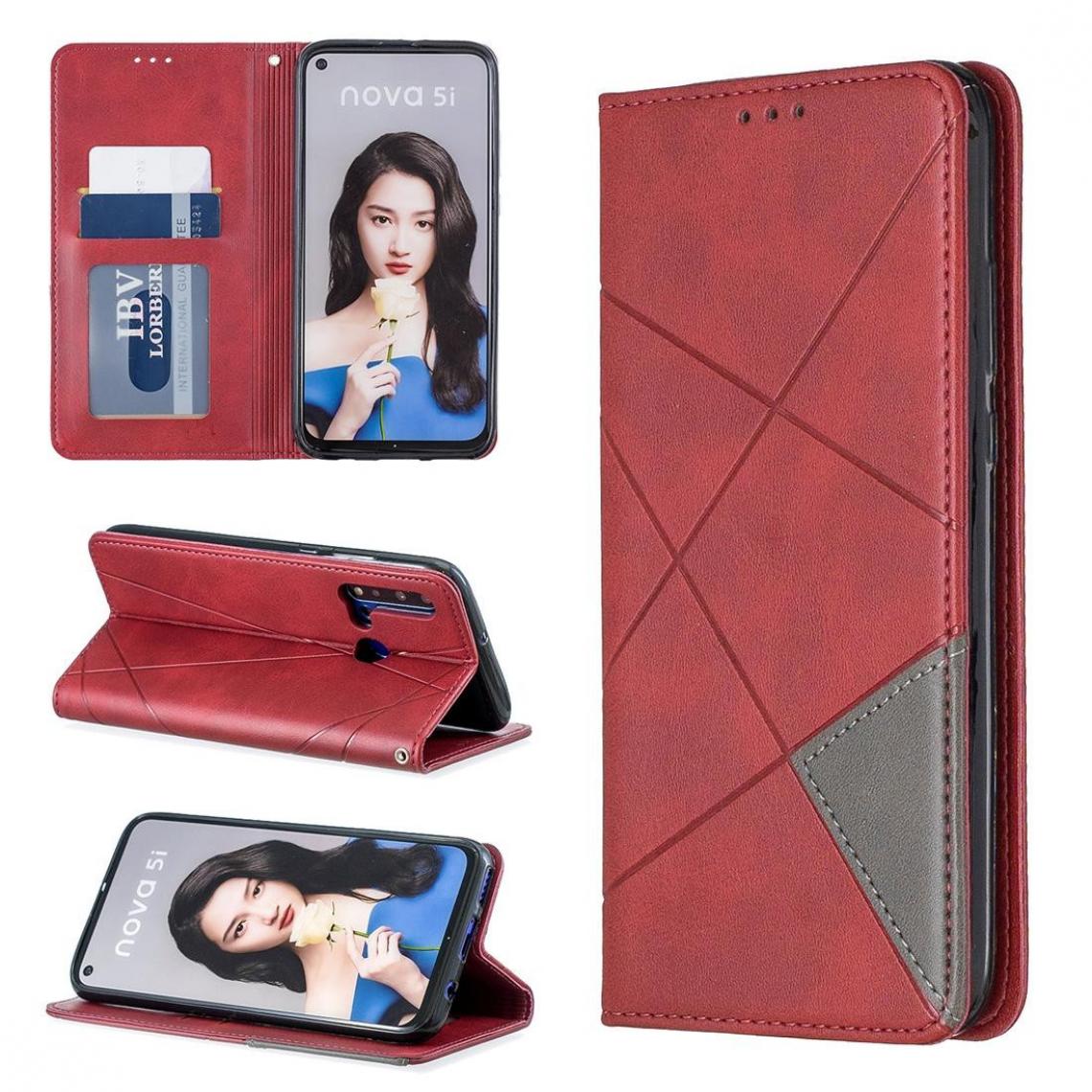 Wewoo - Housse Coque Étui en cuir magnétique à rabat horizontal à texture losange avec fentes pour cartes et supports Huawei P20 lite 2019 / nova 5i rouge - Coque, étui smartphone