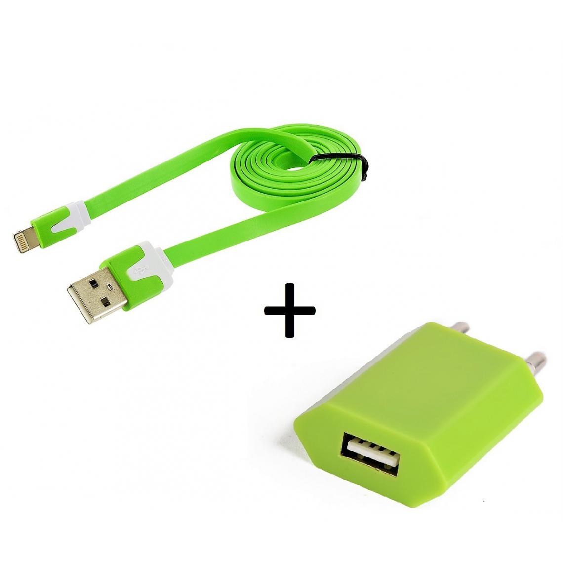 Shot - Cable Noodle 1m Chargeur + Prise Secteur pour "IPHONE 12 Pro Max"USB Lightning Murale Pack (VERT) - Chargeur secteur téléphone