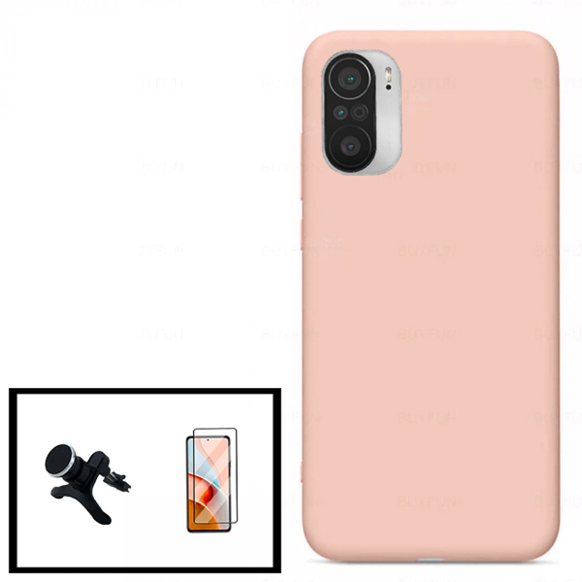 Phonecare - Kit Film de Verre Trempé 5D à Couverture Complète + Coque en Silicone Liquide + Support Magnétique de Voiture Renforcé pour Xiaomi Poco F3 - rose - Coque, étui smartphone