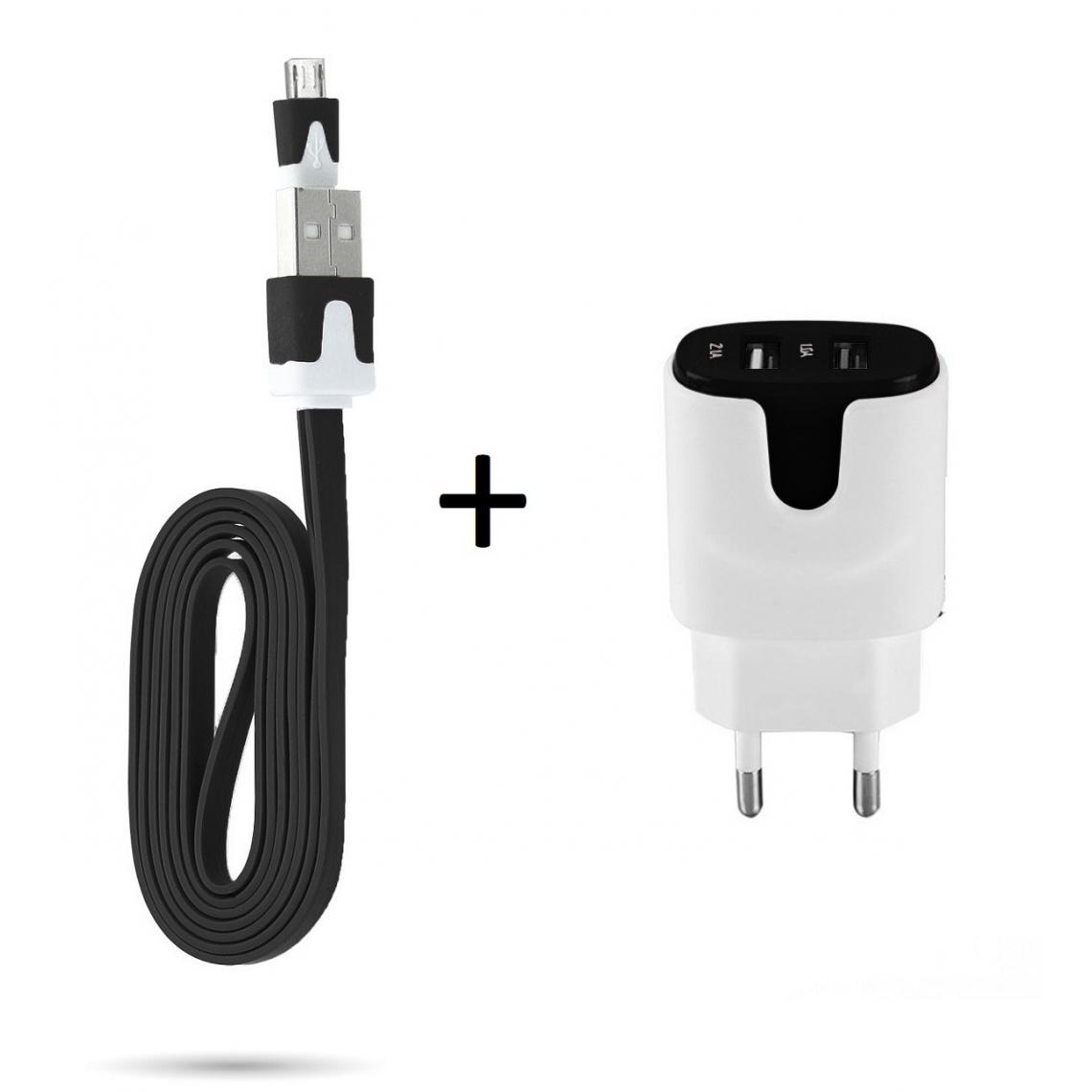 Shot - Pack Chargeur pour WIKO Y60 Smartphone Micro USB (Cable Noodle 1m Chargeur + Double Prise Secteur Couleur USB) (NOIR) - Chargeur secteur téléphone