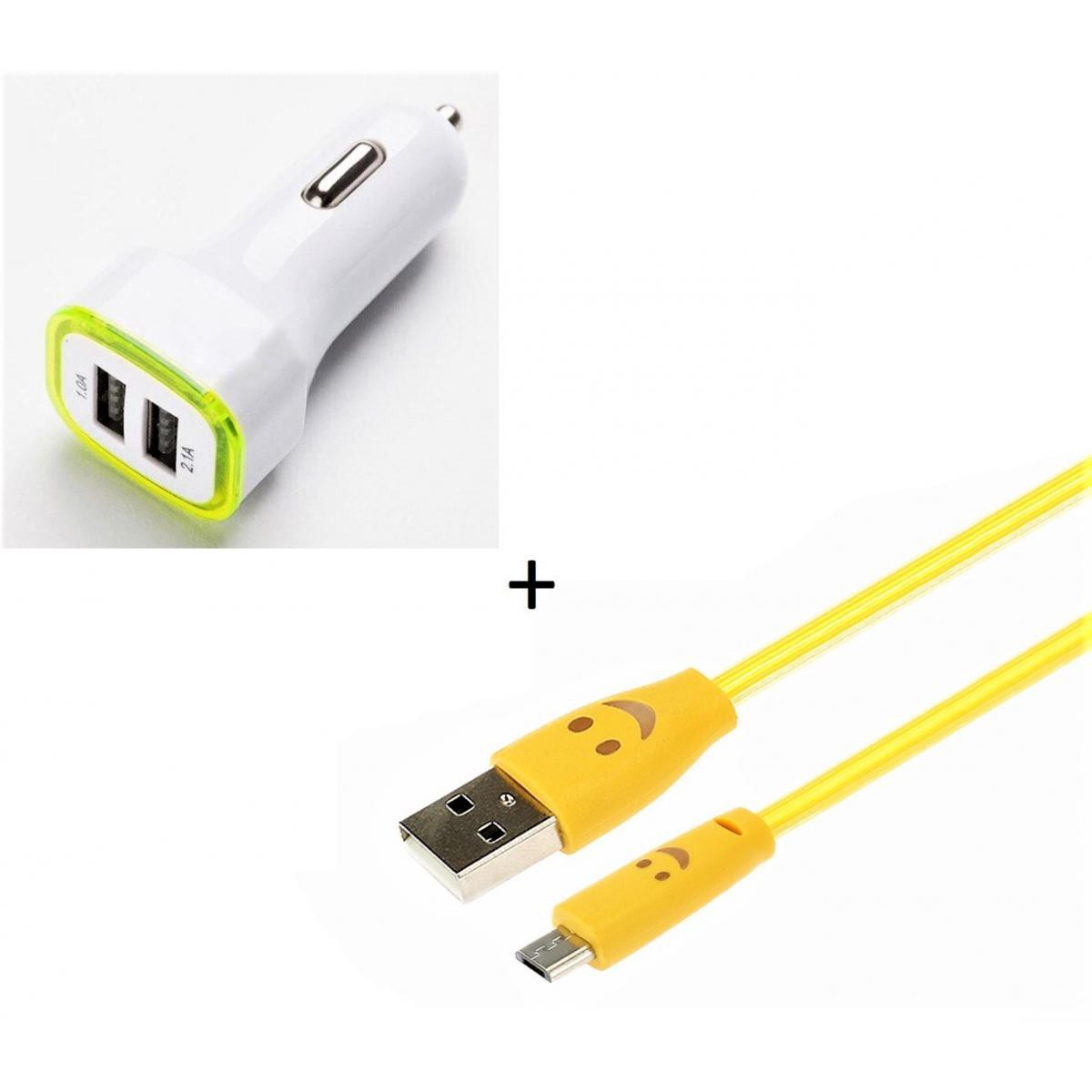 Shot - Pack Chargeur Voiture pour "SAMSUNG Galaxy A01" Smartphone Micro USB (Cable Smiley + Double Adaptateur LED Allume Cigare) (JAUNE) - Chargeur Voiture 12V