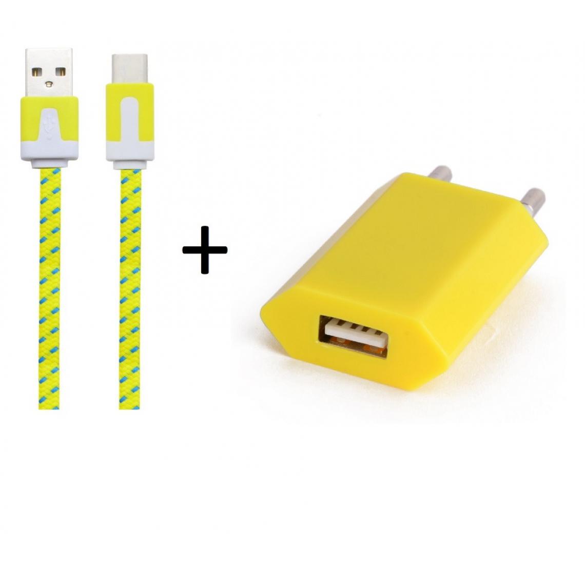Shot - Pack Chargeur pour IPHONE 12 Mini Type C (Cable Noodle 1m Chargeur + Prise Secteur USB) Murale Android (JAUNE) - Chargeur secteur téléphone